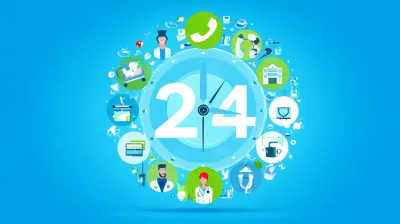 24/7 care clock illustration showing medical icons and phone support for patient calls