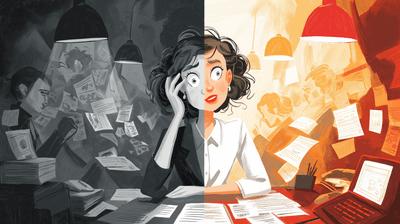 Split-screen of an overwhelmed office worker with ringing phones and paperwork, contrasted with the same employee calm and productive while a virtual receptionist team handles calls.