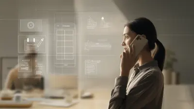 A customer on the phone with transparent workflow layers behind them, illustrating scheduling, message handling, and service preparation after a call.