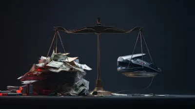Scales of Justice with one side overflowing with money, papers, and office equipment, the other side holding a sleek headset, symbolizing cost comparison.