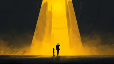 Small business owner holding a glowing phone, confidently facing a giant corporate figure, symbolizing how a strong voice helps small businesses compete with large companies.