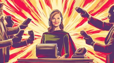 Superhero-themed virtual receptionist wearing a headset and business attire with a cape, calmly answering calls while a chaotic office scene unfolds in the background, symbolizing how a telephone answering service handles staff shortages and call overload.