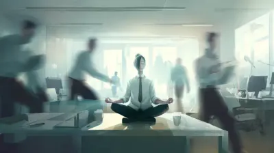Focused office worker meditating calmly at desk while phones ring and coworkers rush in background, symbolizing workplace focus and call management.