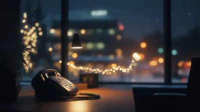 A glowing office phone on a quiet winter night with soft holiday lights and falling snow outside, symbolizing calm reliability during the holiday rush.