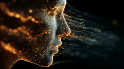 Abstract glowing sound wave forming a human face, emerging from a headset, cutting through digital code in the background.