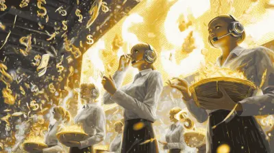 Surreal illustration of glowing dollar streams flowing from a digital billboard into golden baskets held by professional receptionists with headsets, symbolizing ad revenue capture.