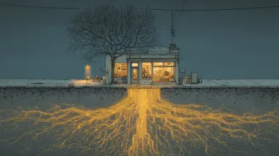 Cross-section of a small business with glowing phone cords spreading underground like roots, symbolizing the invisible communication network supporting it.