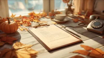 Clipboard with a fall business checklist on a wooden desk, surrounded by autumn leaves, a pumpkin, and a ringing desk phone in warm sunlight.