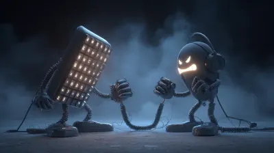 Anthropomorphized duel between a glowing telephone headset and a stern-faced keyboard, symbolizing the battle between voice calls and text communication.