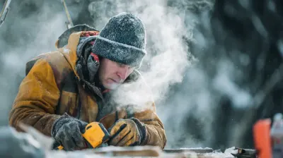 Canadian tradesperson preparing tools outdoors in cold winter weather before starting a job
