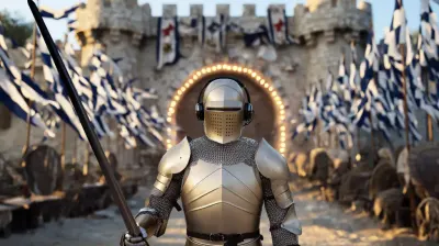 Medieval knight in silver armor wearing a modern headset, standing in battle position in front of a stone castle, symbolizing a telephone answering service guarding a business with strength and communication.