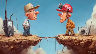 Office worker and field technician connected by a giant walkie-talkie bridge symbolizing communication between office and field teams