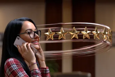 Happy customer talking on a smartphone with a glowing five-star trail leading toward a Google review screen in the background, representing how great phone service drives positive online reviews.