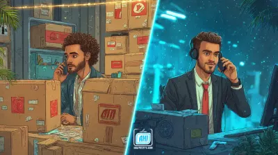 plit-screen image showing a small business owner in a garage on the phone contrasted with a professional office worker using a headset, symbolizing how a telephone answering service helps small businesses sound big and trustworthy.