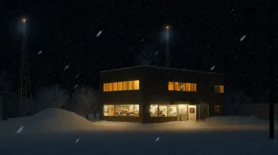 A small office glowing warmly during a snowstorm, with golden phone signals extending outward, symbolizing connection and reliability in winter.