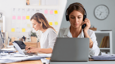 Split workspace image comparing a multitasking virtual assistant with a focused telephone answering service agent handling calls professionally.